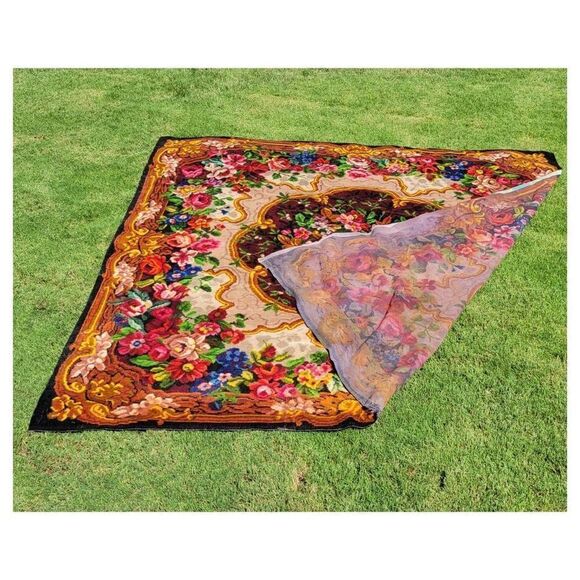 Antique 1930's Bright Floral Woven Carpet Rug Bedspread Couch Cover - Picture 4 of 7